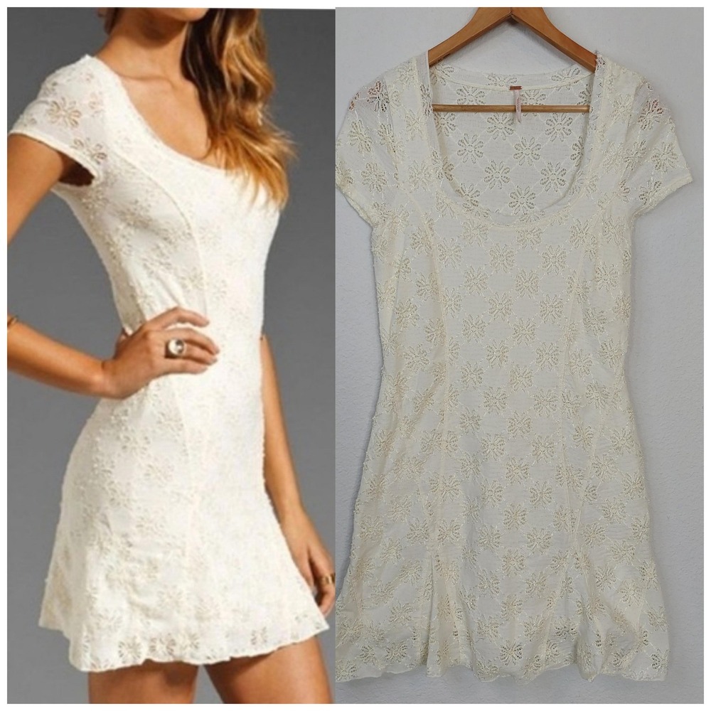 Free People Ivory Floral‎ Lace Mini Dress Short Sleeve Scoop Neck Cream Large